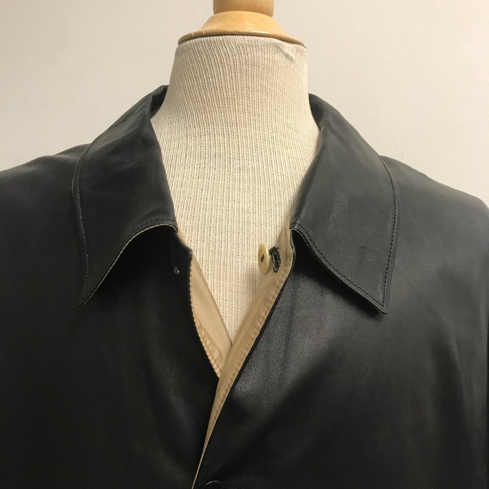 Torras black Spanish Leather to silk reversible trench coat e66 chest 58"